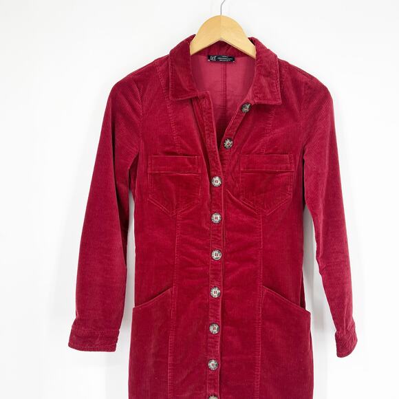 Zara Corduroy Button Down Long Sleeve Shirt Dress Red Blogger Fave Size Small - Picture 6 of 9